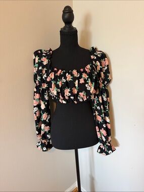 Divided Black Cropped Puff-Sleeve Top with Pink Floral Print